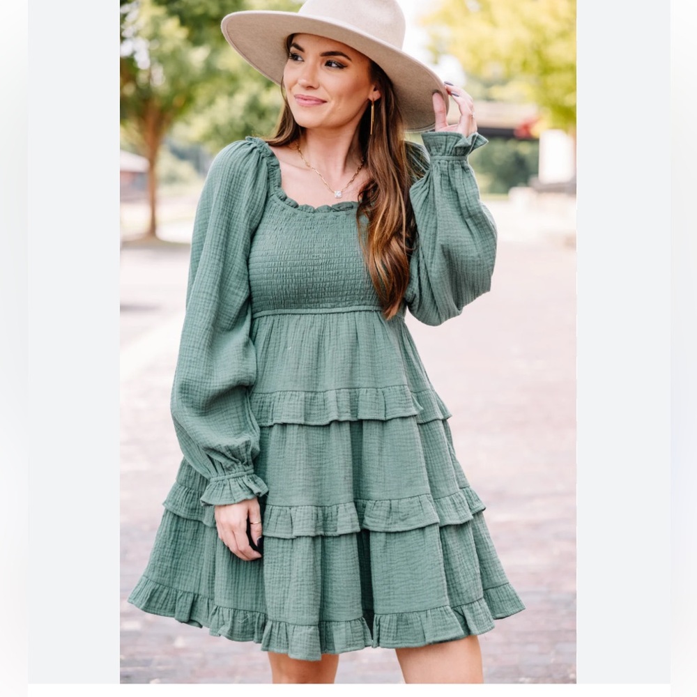 & Merci Dusty Green Cotton Tiered Ruffle Dress‎ Sz. M
